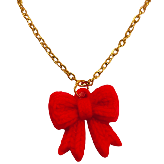 Red Bow Charm Necklace - Gold Chain
